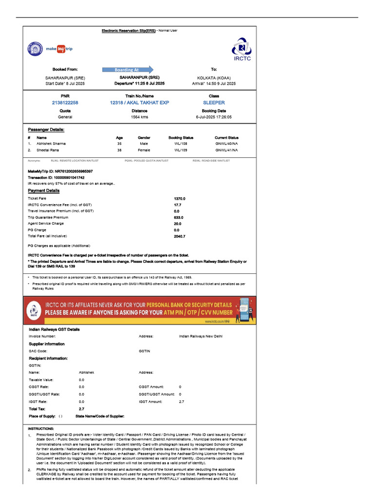 Online Train Ticket Reservation Details | PDF | Identity Document ...