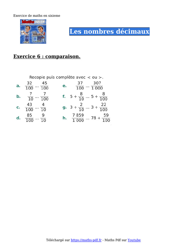 Exercices sur les Nombres Décimaux 6ème | PDF