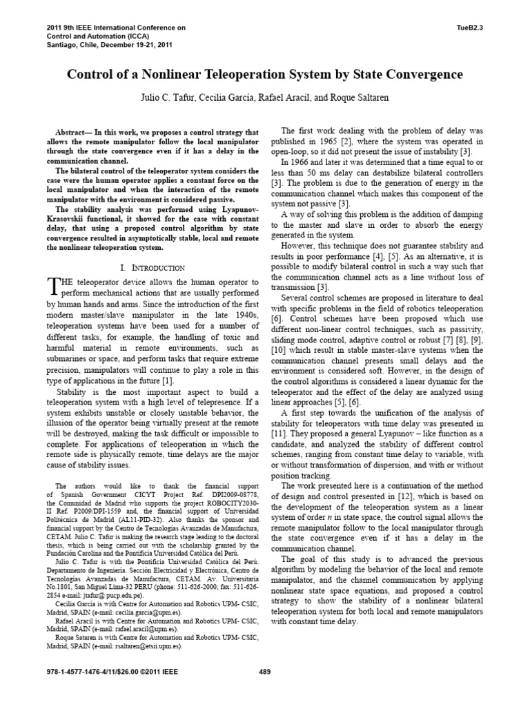 Nonlinear Teleoperation Control with Delay | PDF | Stability Theory | Force
