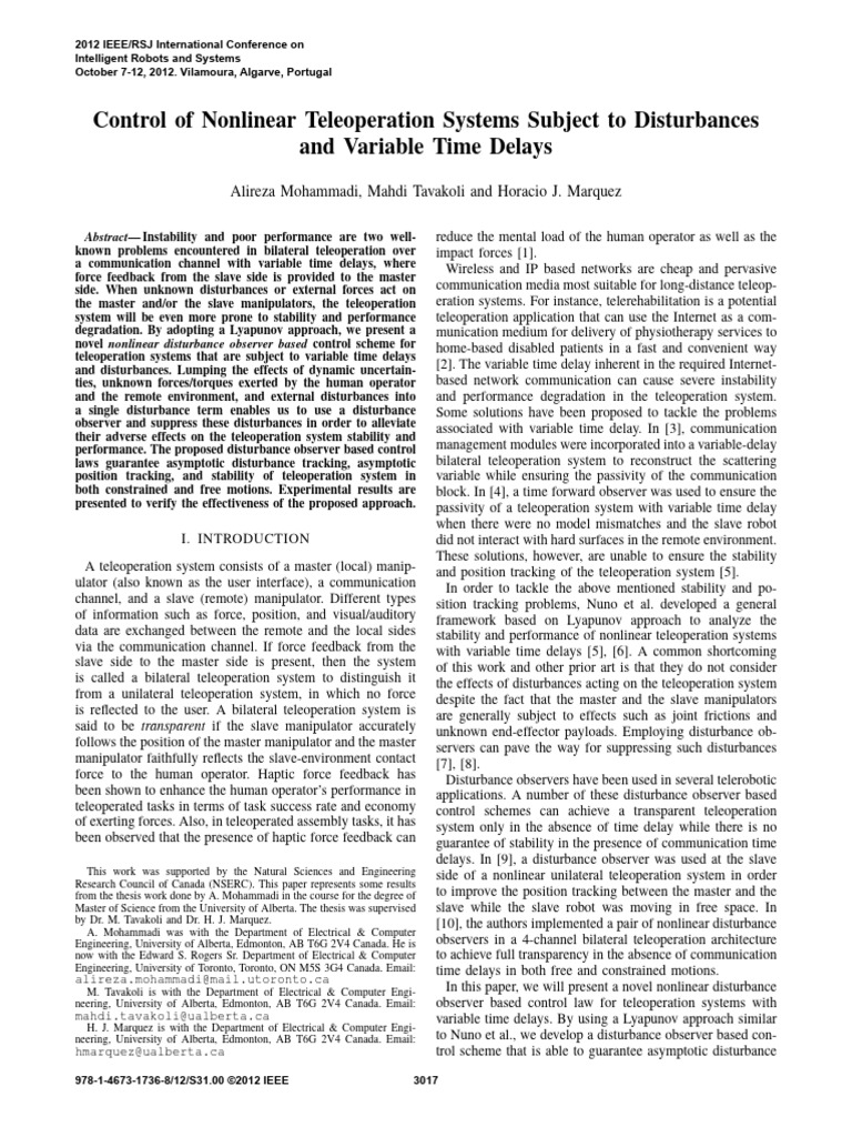 Control of Nonlinear Teleoperation Systems Subject To Disturbance and ...