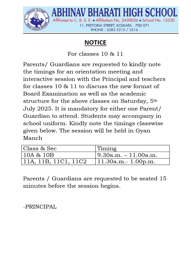 Principal Orientation Notice Classes 10,11 | PDF