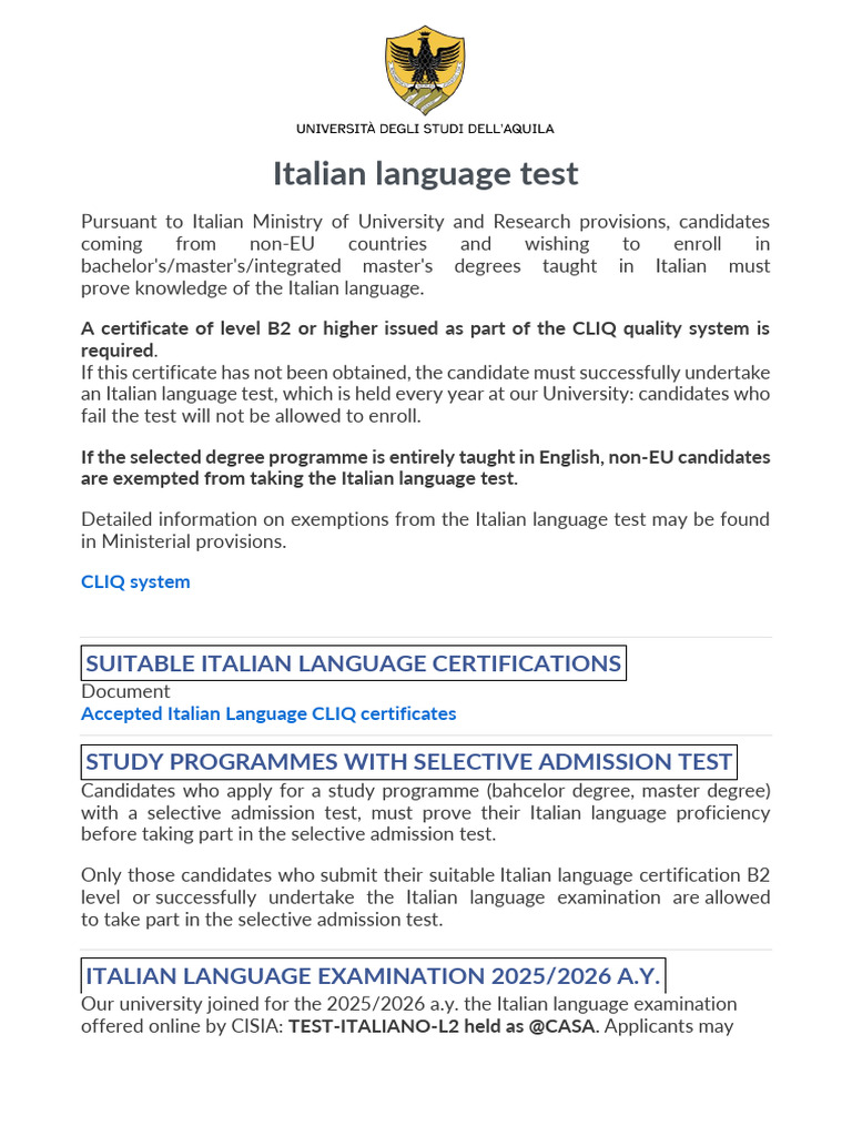 Italian Language Test for Non-EU Candidates | PDF | University And ...