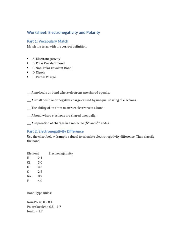 Electronegativity and Polarity Worksheet | PDF | Chemical Polarity ...