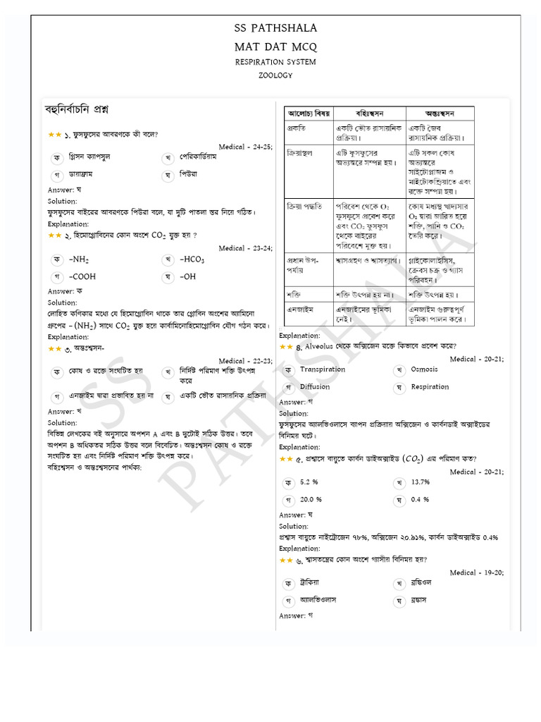 Ss Pathshala Mat Dat MCQ Respiration System | PDF