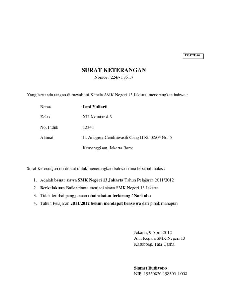 Contoh Surat Keterangan Kartu Pelajar Hilang