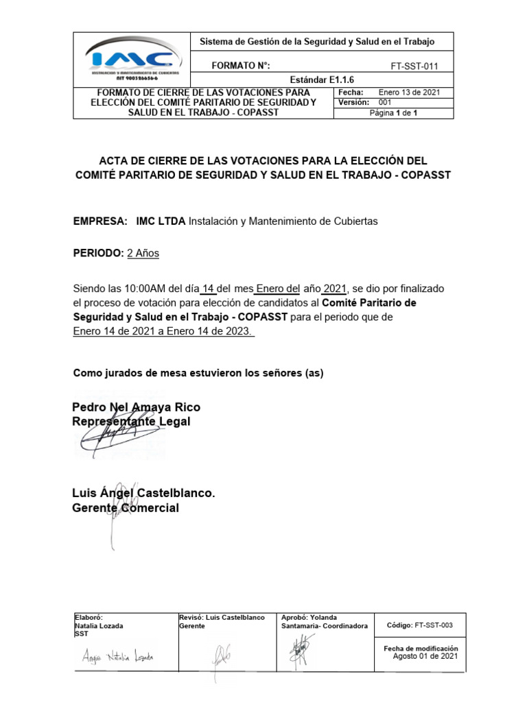 FT-SST-011 Formato de Cierre de Las Votaciones Elección Del COPASST | PDF