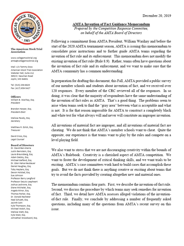 AMTA Invention of Fact Rule Guidance | PDF | Testimony | Witness