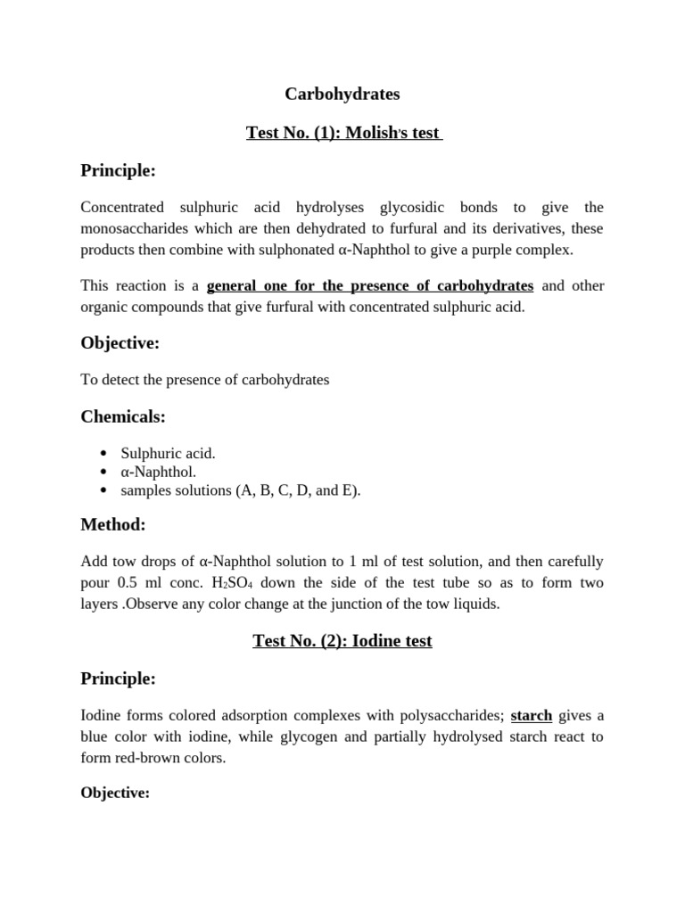 Carbohydrate Detection Tests Explained | PDF | Carbohydrates | Chemistry