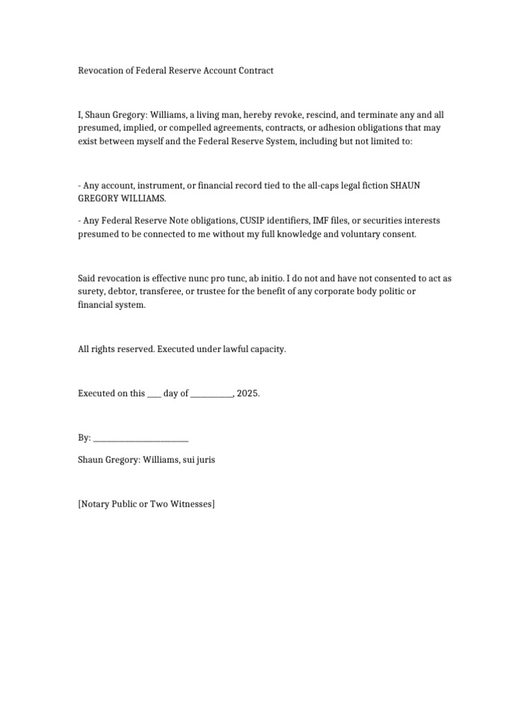 Revocation of Federal Reserve Account Contract | PDF