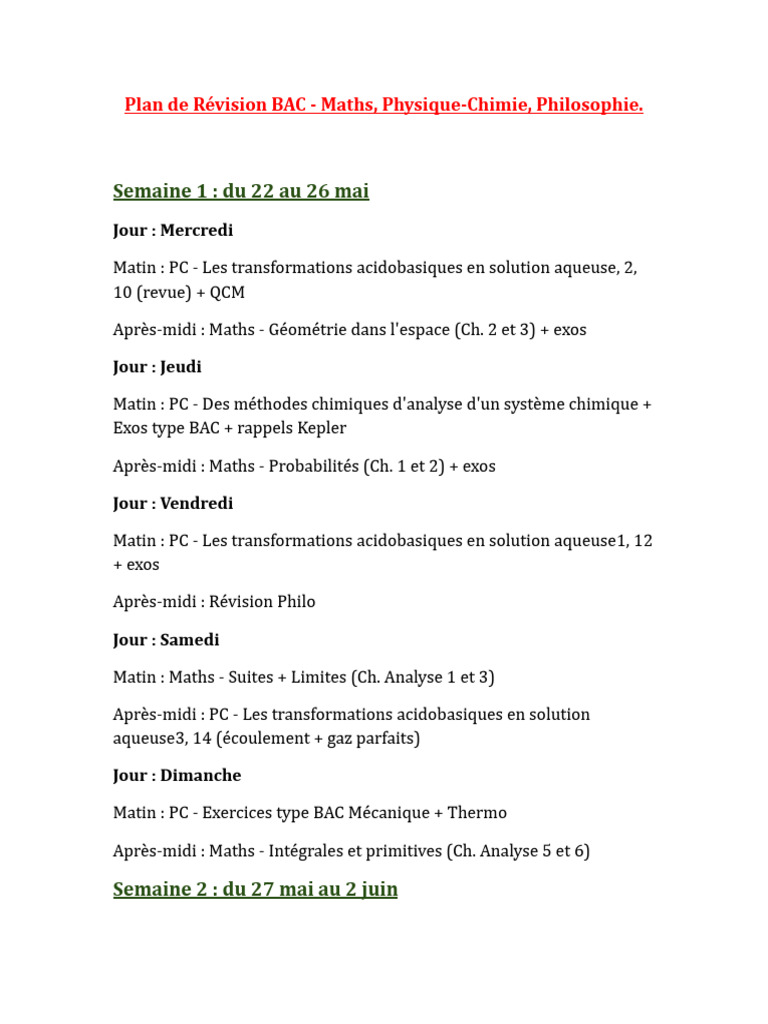 Plan de Révision BAC 2023 | PDF | Mathématiques | Sciences physiques