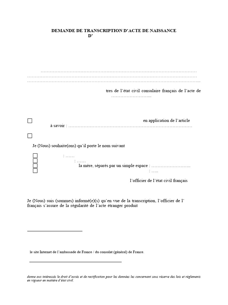 Demande de transcription d'acte de naissance | PDF | Certificat de ...