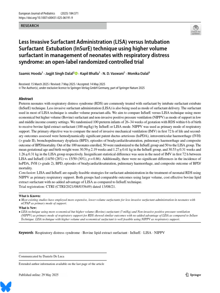 LISA vs. InSurE for Neonatal RDS Treatment | PDF | Preterm Birth ...