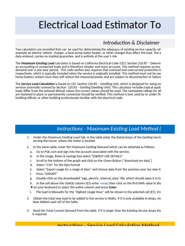 Electrical Load Estimator Tool Guide | PDF | Water Heating | Air ...