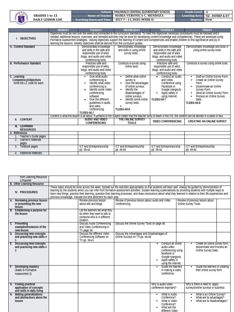 Grade 6 TLE Daily Lesson Log | PDF | Educational Technology | Learning