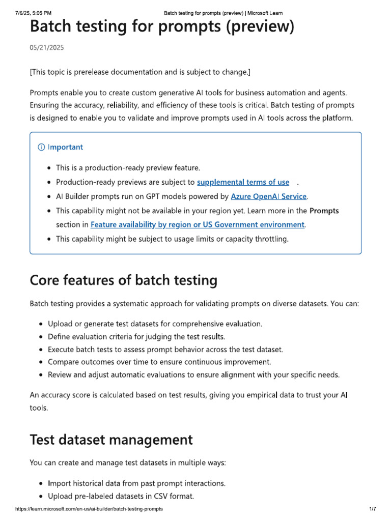 Batch Testing For Prompts (Preview) | PDF