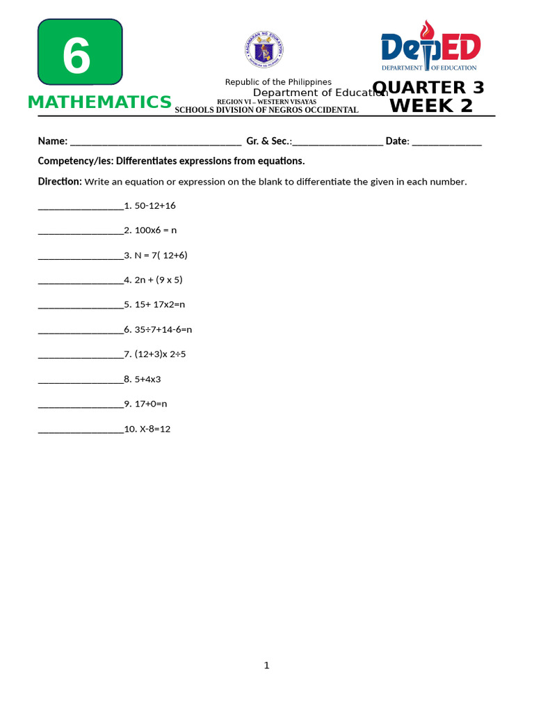 Math Expressions vs. Equations Worksheet | PDF