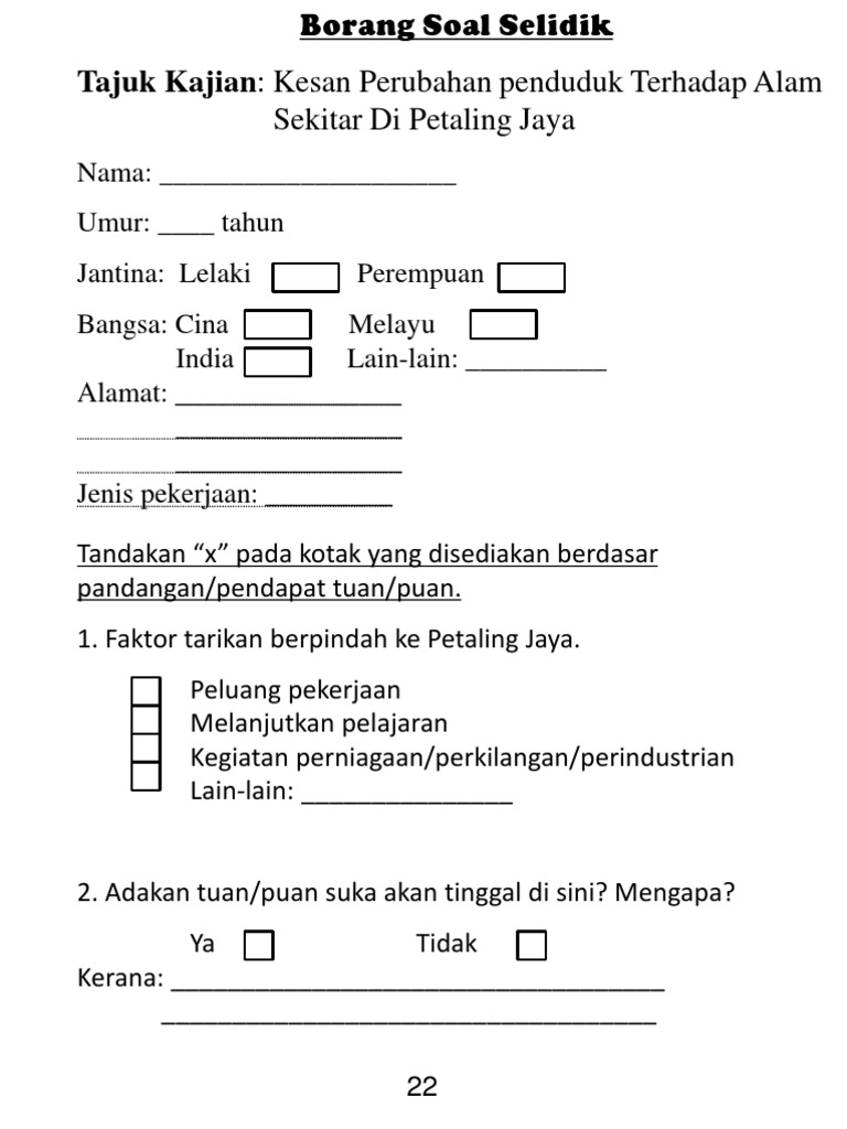 Contoh Soalan Soal Selidik Tesis - Selangor h