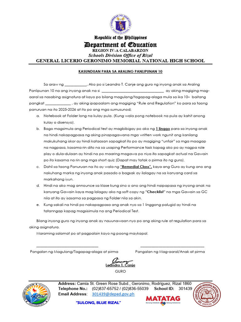 Kasunuduan Letter No Remedial | PDF