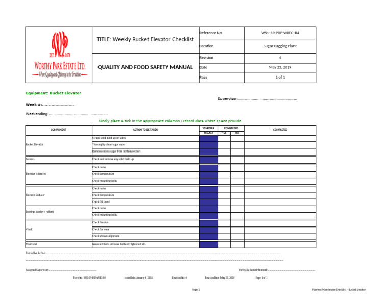 Weekly Bucket Elevator Maintenance Checklist | PDF | Elevator | Belt ...