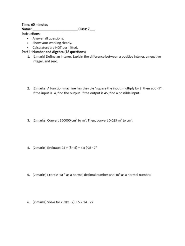 7th Grade Math Exam: Number, Geometry, Stats | PDF | Area | Triangle