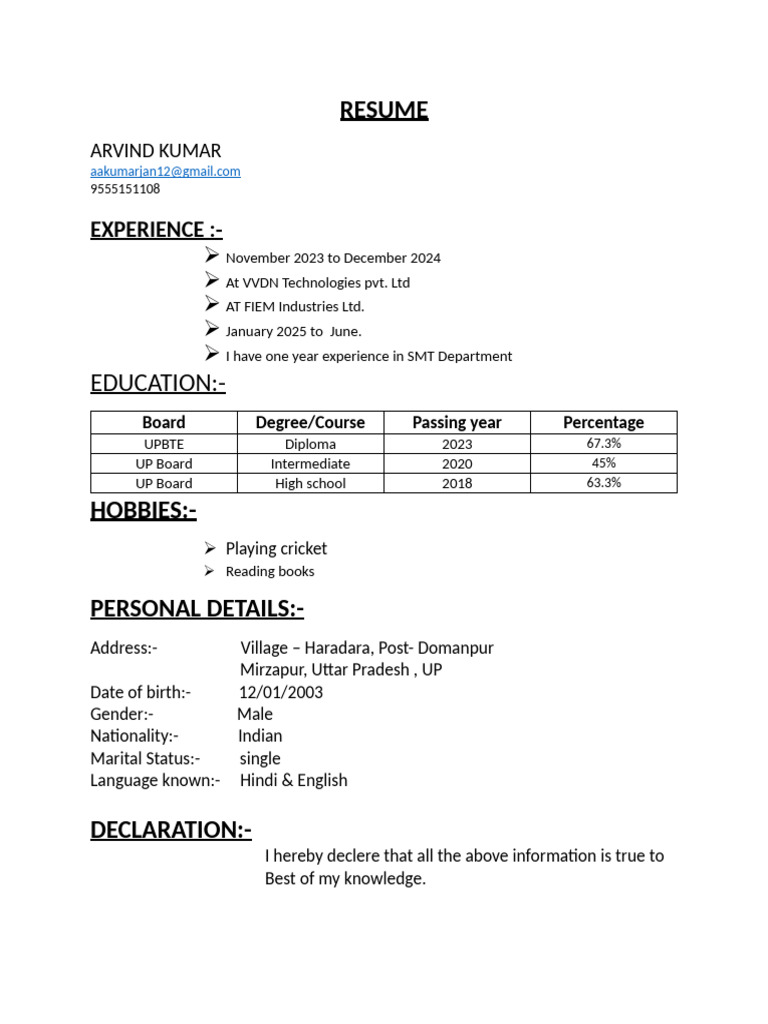 Arvind Kumar's Resume Overview | PDF