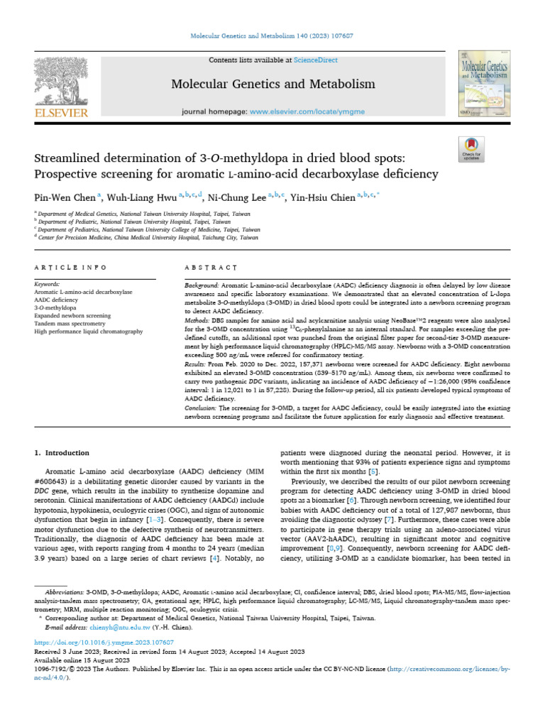 Streamlined Determination of 3-O-methyldopa in Dried Blood Spots ...