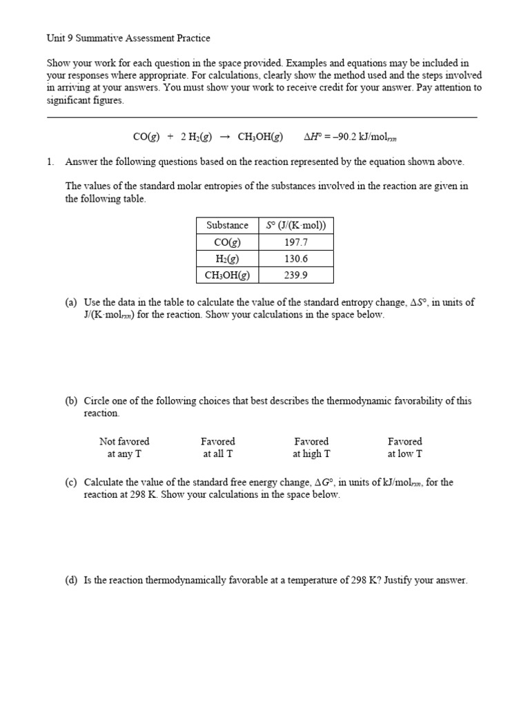 Unit 9 Chemistry Assessment Practice | PDF | Gibbs Free Energy ...