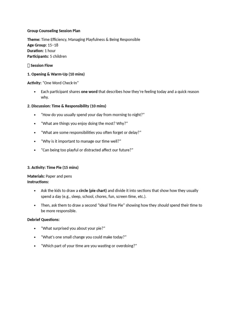 Time Management Group Counseling Plan | PDF