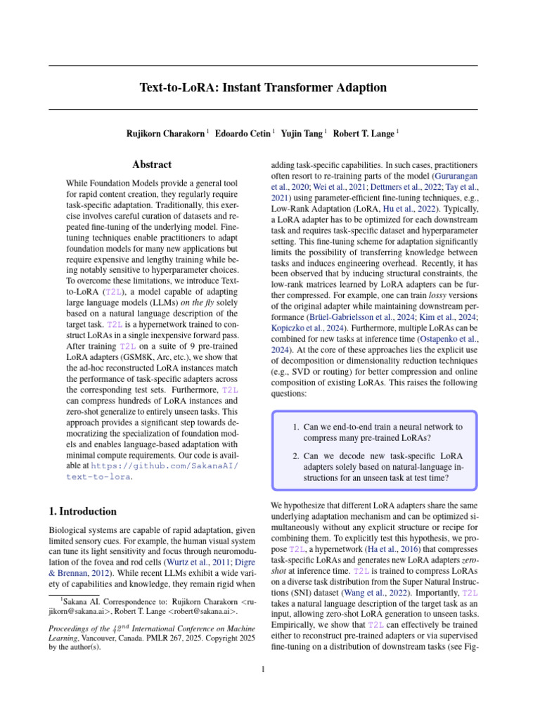 Text-To-Lora: Instant Transformer Adaption: Rujikorn Charakorn Edoardo ...