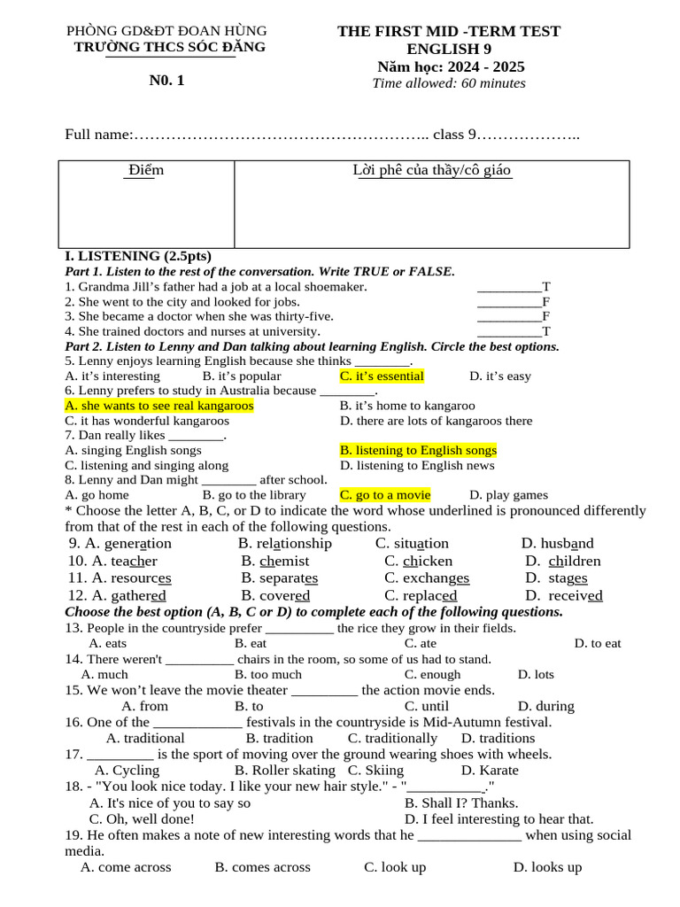 English 9 Mid-Term Test Guide | PDF | English Language | Educational ...