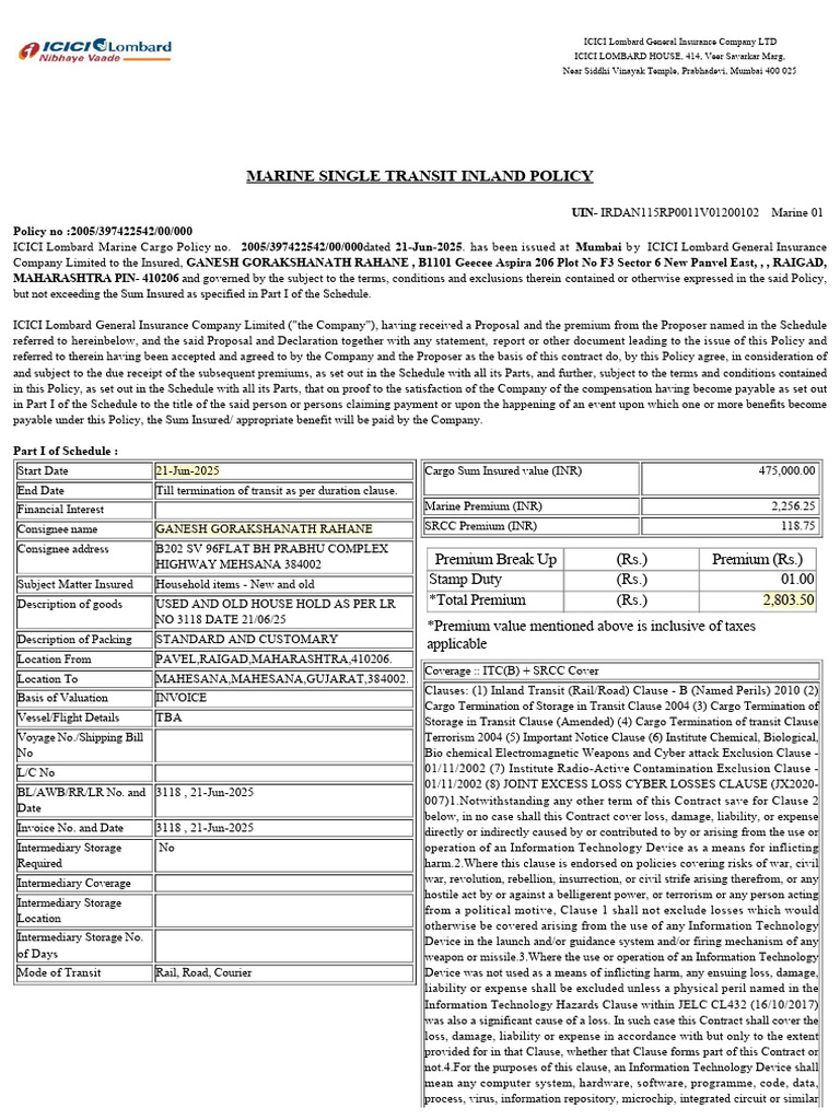 ICICI Lombard Marine Transit Policy Details | PDF | Insurance | Cargo