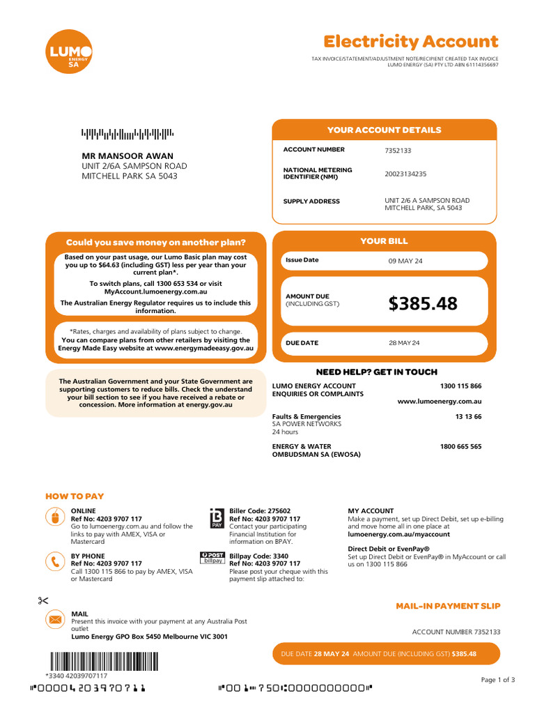Lumo Energy Account Invoice Summary | PDF | Debit Card | Banking Technology