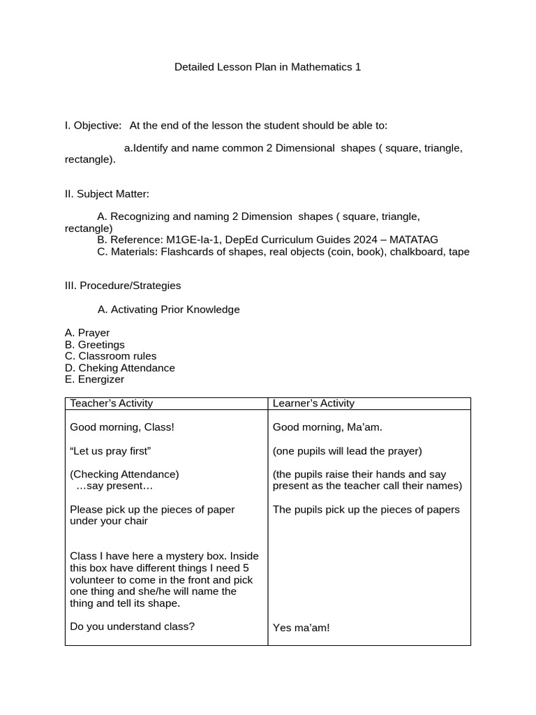 Lesson Plan in Mathematics | PDF | Shape | Lesson Plan