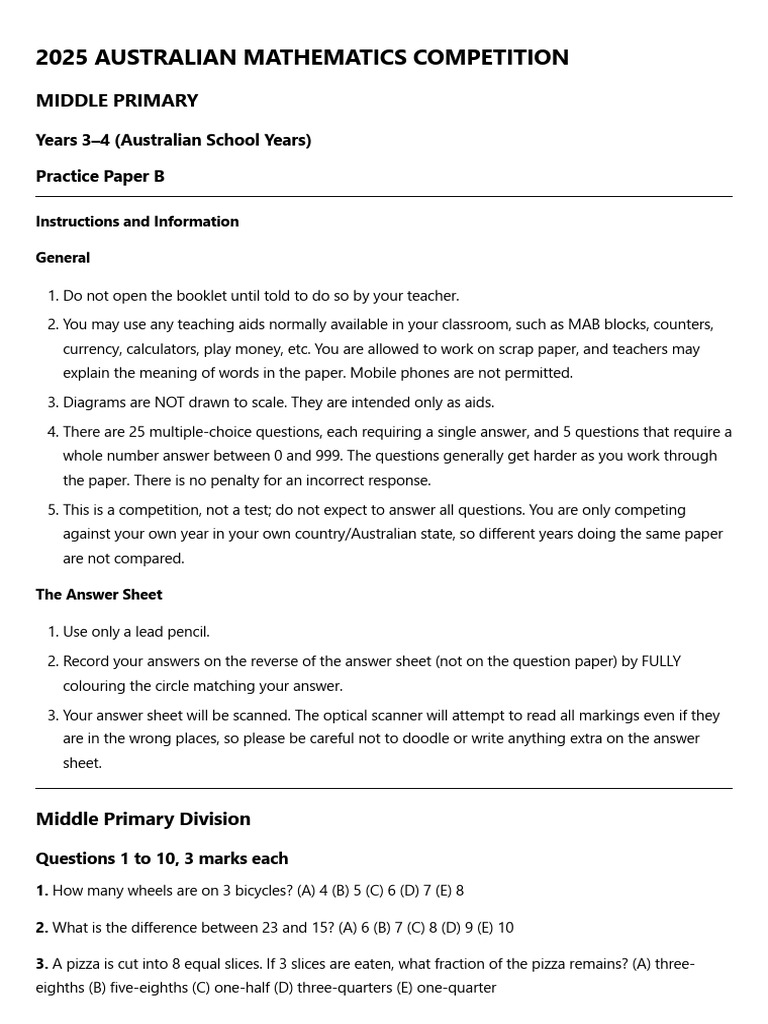2025 AMC Practice Paper B for Years 3-4 | PDF