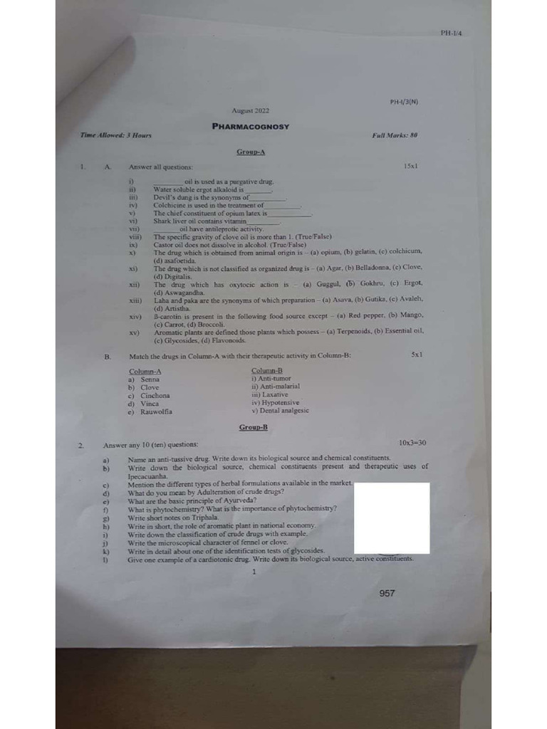 Pharmacognosy Previous Year (2022,2023) Question Paper | PDF