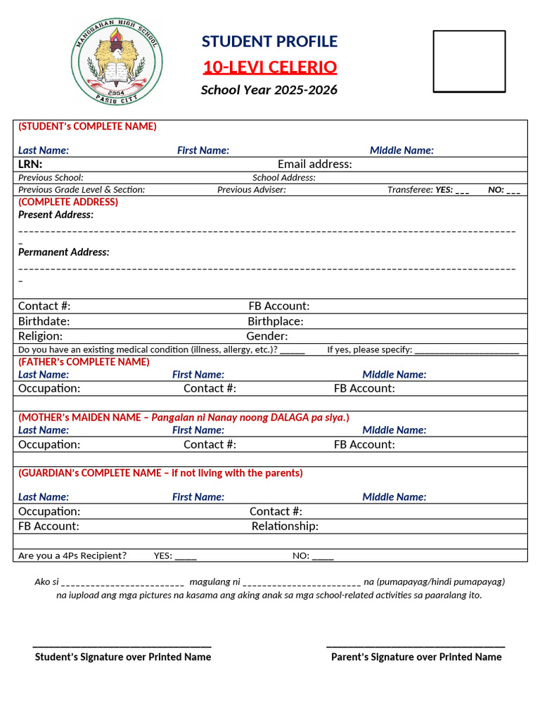 Student Profile Form for 2025-2026 | PDF