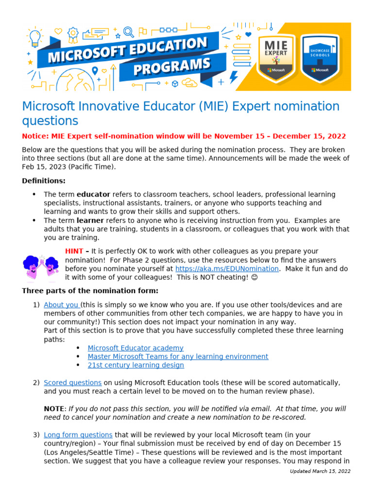 MIE Expert Nomination Questions 2022-2023 | PDF | Chromebook | Teachers