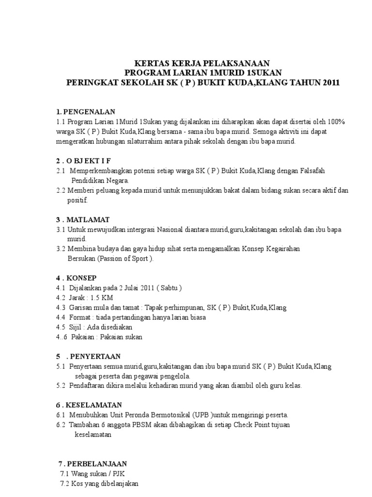 Kertas Kerja Pelaksanaan 1murid 1sukan