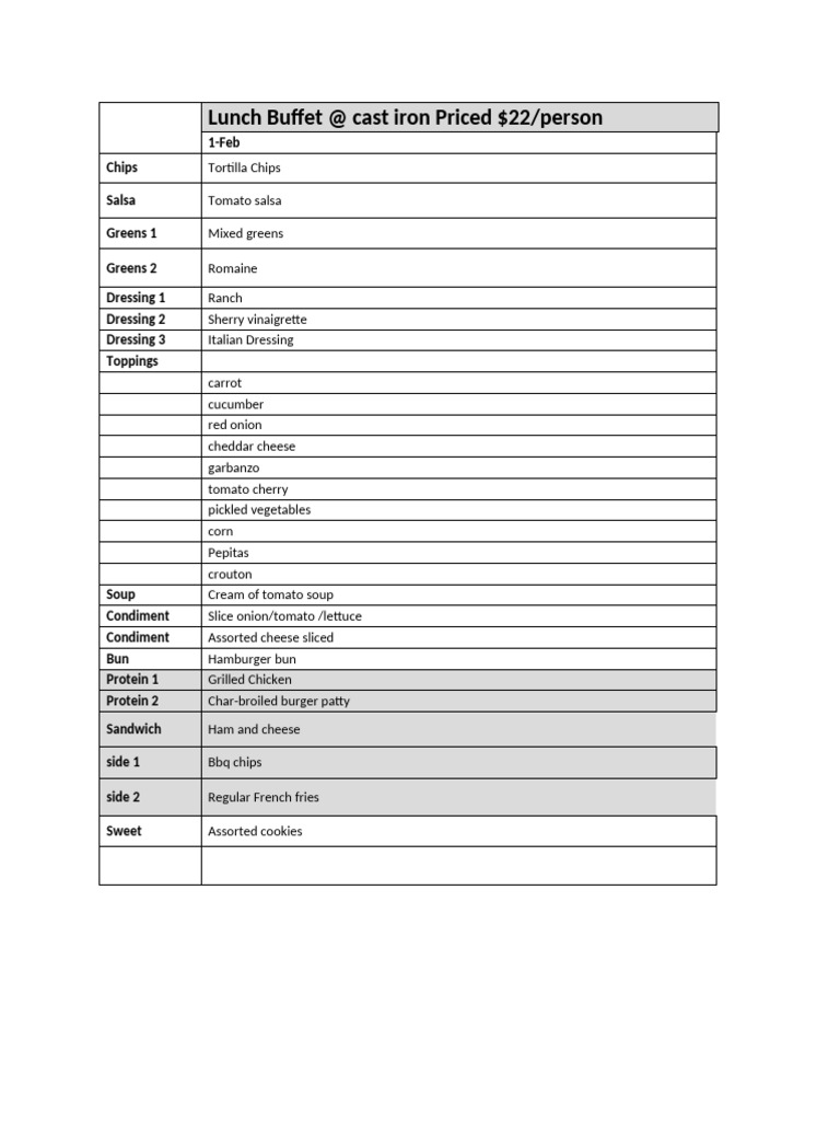 Lunch Buffet Menu at Cast Iron | PDF