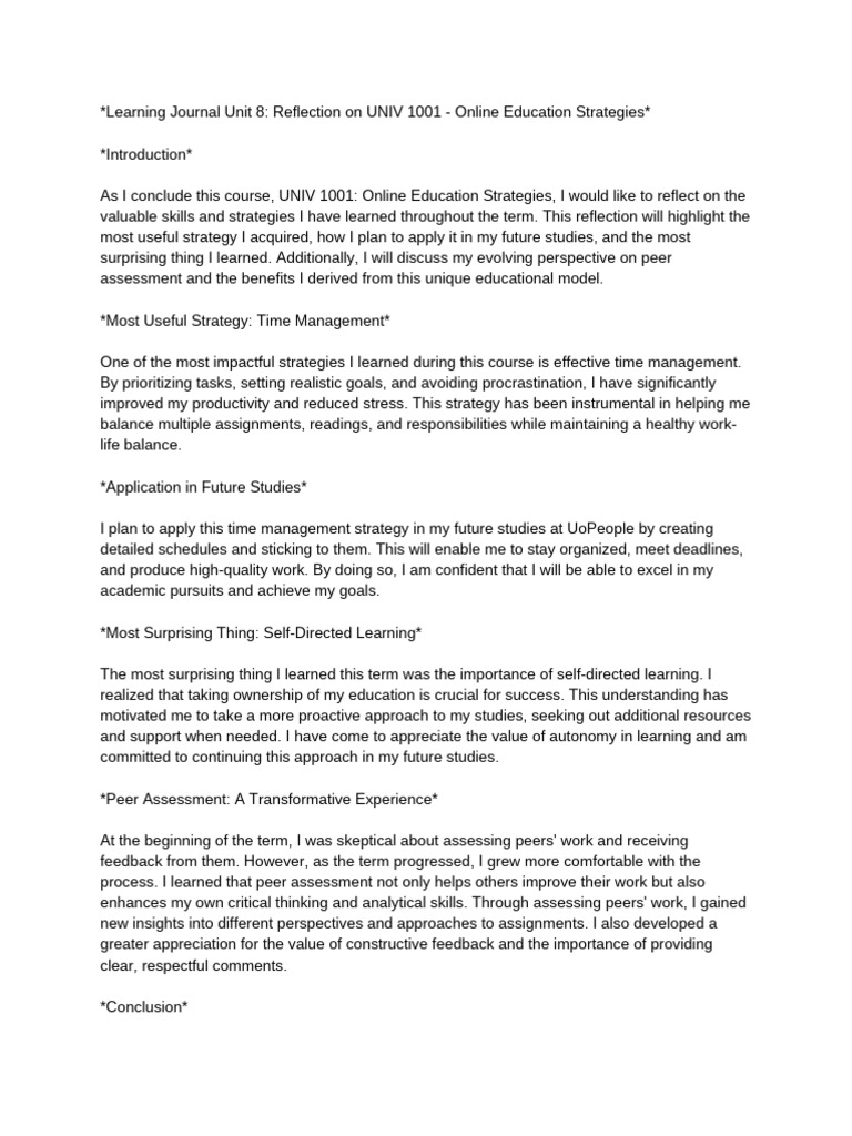 Learning Journal Unit 8 Reflection On Univ 1001 Online Education