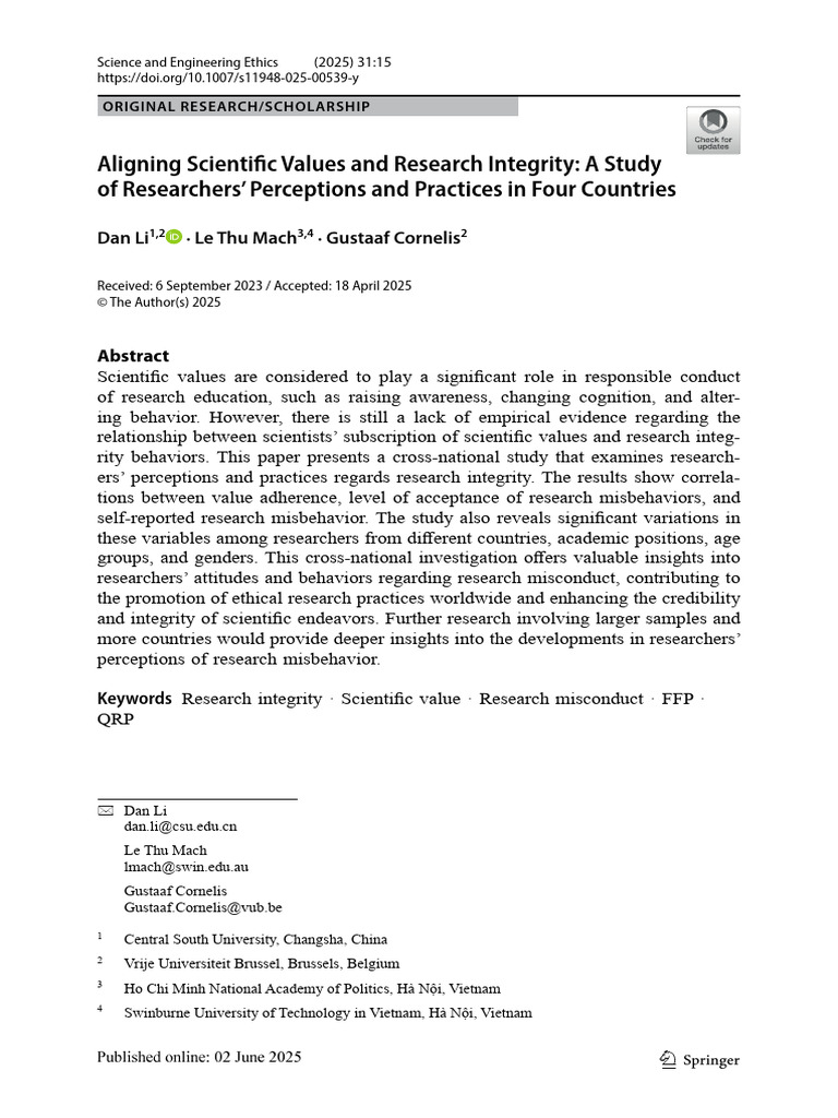 Aligning Scientific Values and Research Integrity: A Study of ...