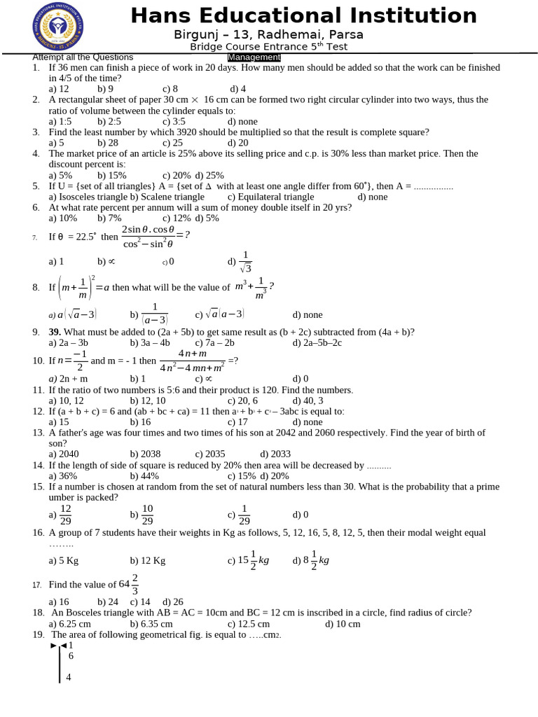 Bridge Course Entrance Test Questions | PDF | Circle | Area