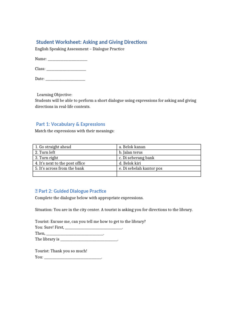 Speaking Worksheet Asking Giving Directions | PDF