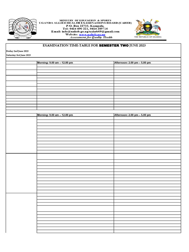 UAHEB 2025 Exam Timetable Overview | PDF | Health Care | Medicine