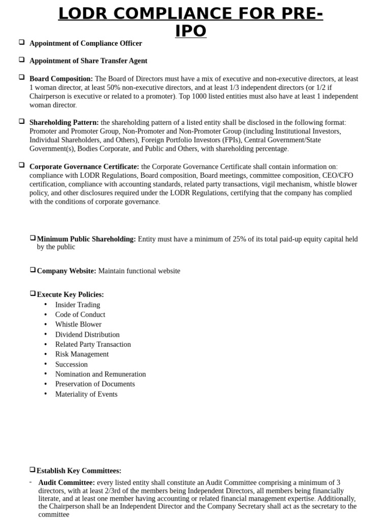 Pre-IPO LODR Compliance Checklist | PDF | Corporate Governance ...