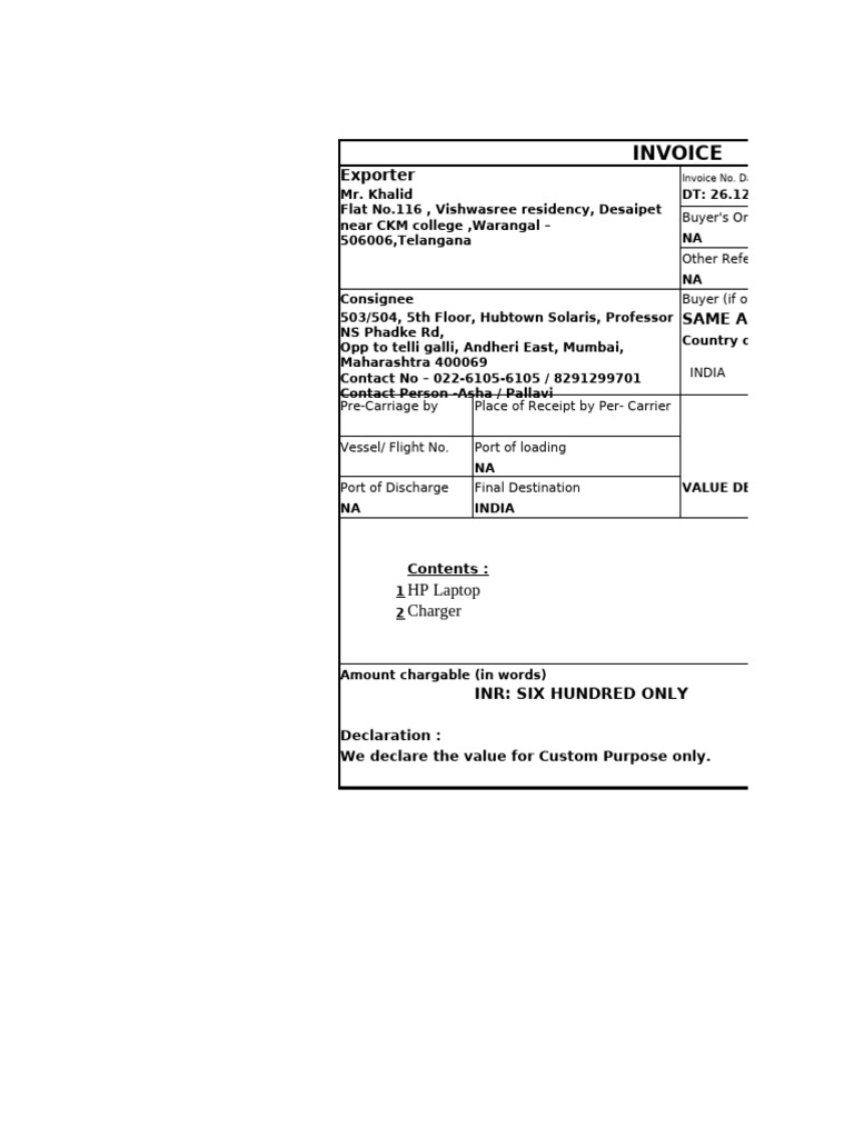 Invoice for HP Laptop Export | PDF
