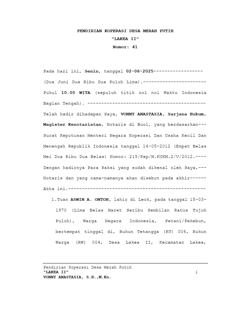 Pendirian Koperasi Desa Lakea II | PDF