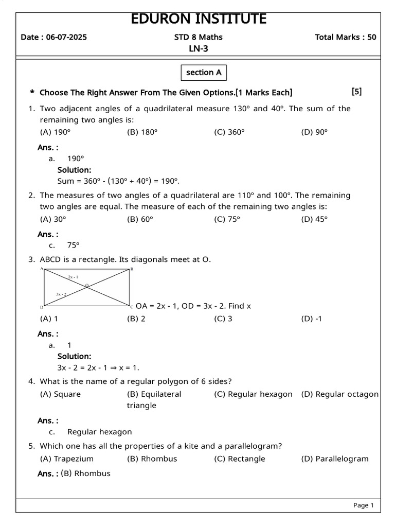 Grade 8 Math Questions & Answers PDF | PDF | Rectangle | Triangle
