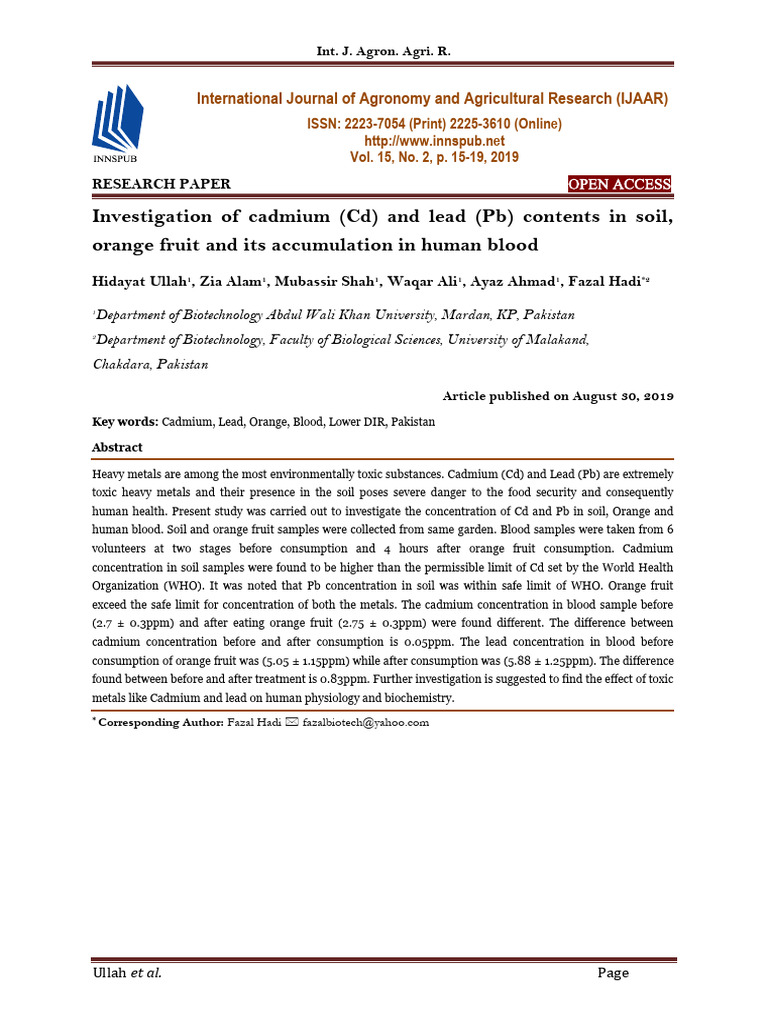 Investigation of Cadmium (CD) and Lead (PB) Contents in Soil, Orange ...