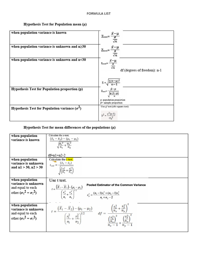 Fomula List For Final Exam | PDF